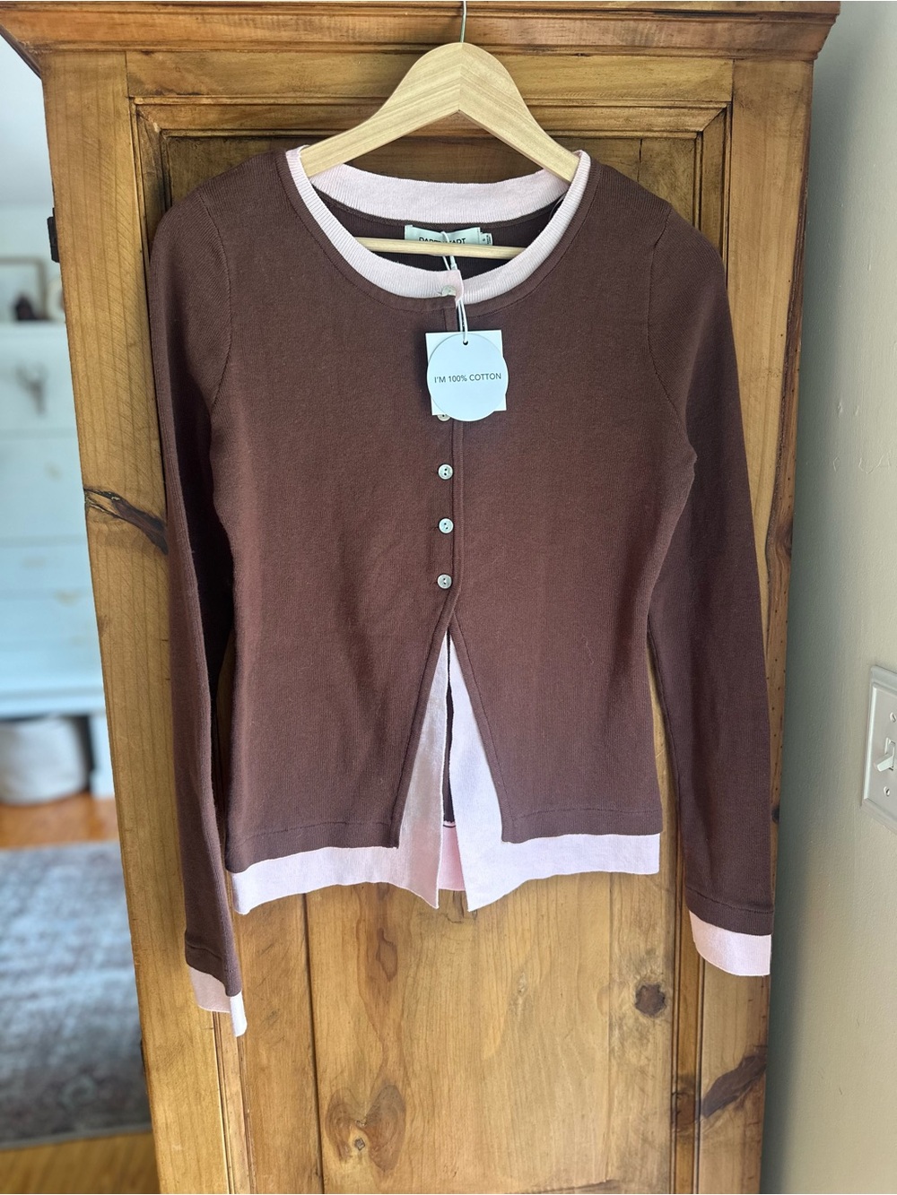 Paper Heart Brown and Light Pink Cotton Button-Front Top Small